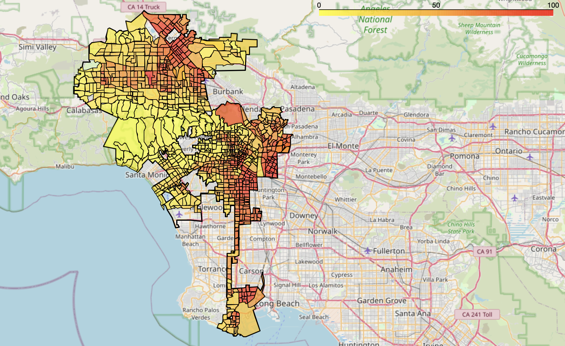 Map of Hispanic distribution in Los Angeles